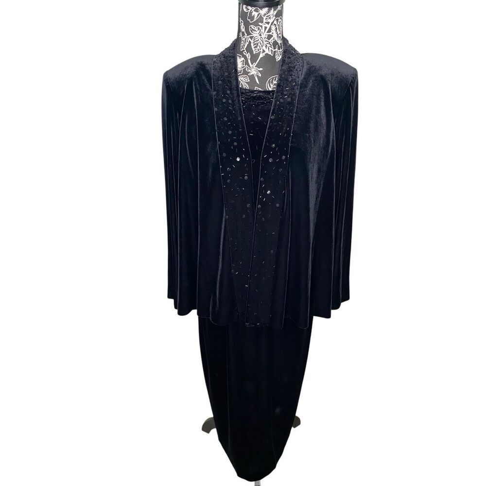 Crimson By Lawrence Kurtz Black Velvet Beaded Evening Dress Jacket Set Formal